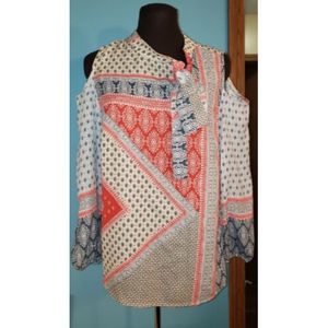 Chicos Womens Large Patchwork Top Red White & Blue Tie‎ Neck Cold Shoulder Sz S